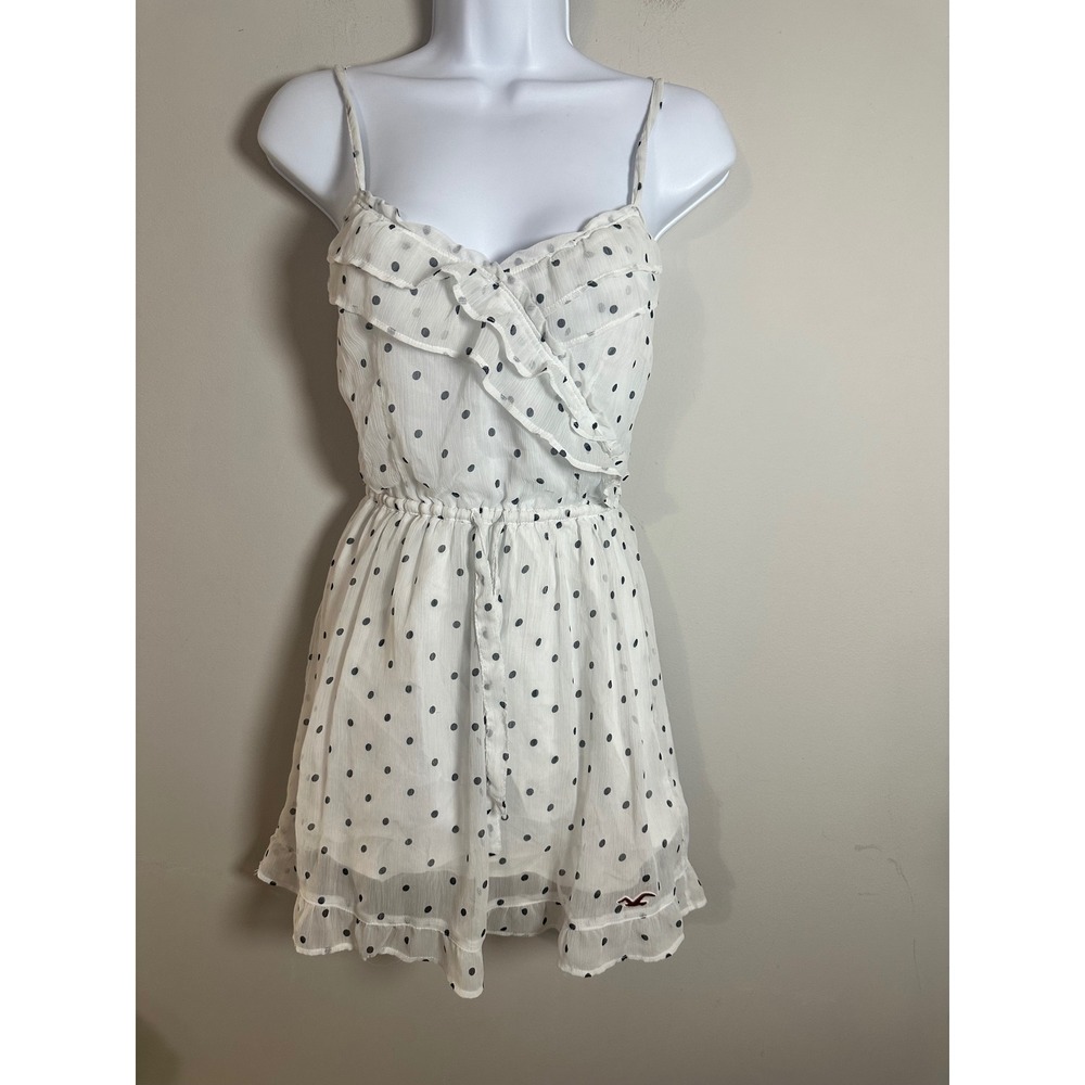 Hollister Women White Navy Blue Polka Dot Ruffle Y2K Chiffon Dress XS